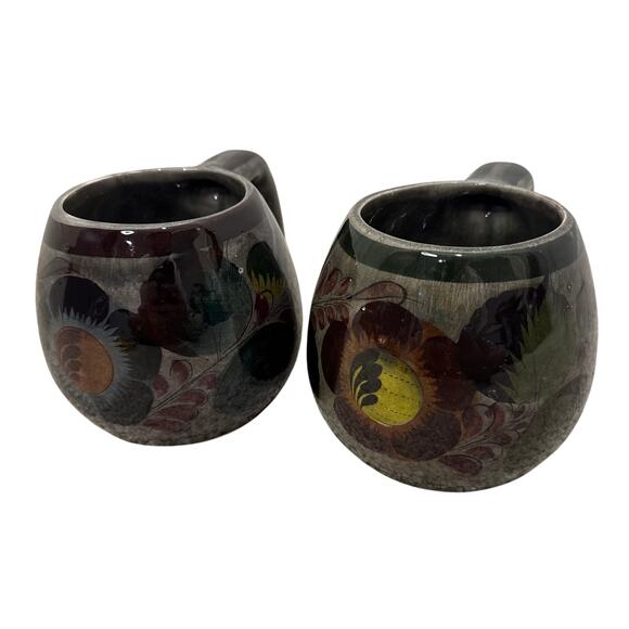 VTG Pair (2) Oversized Tonala Jalisco Style Painted Folk Art Mugs Pottery Floral - Picture 2 of 3
